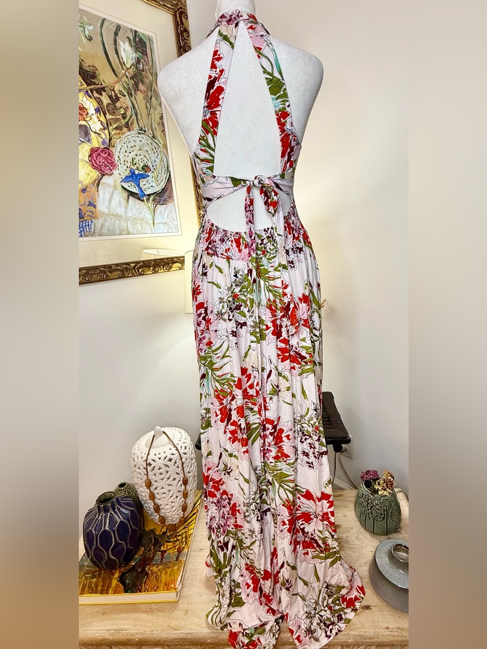 Abel The Label Dress S Floral Halter Open Back Maxi Boho Resort Slit Crochet - Picture 6 of 9